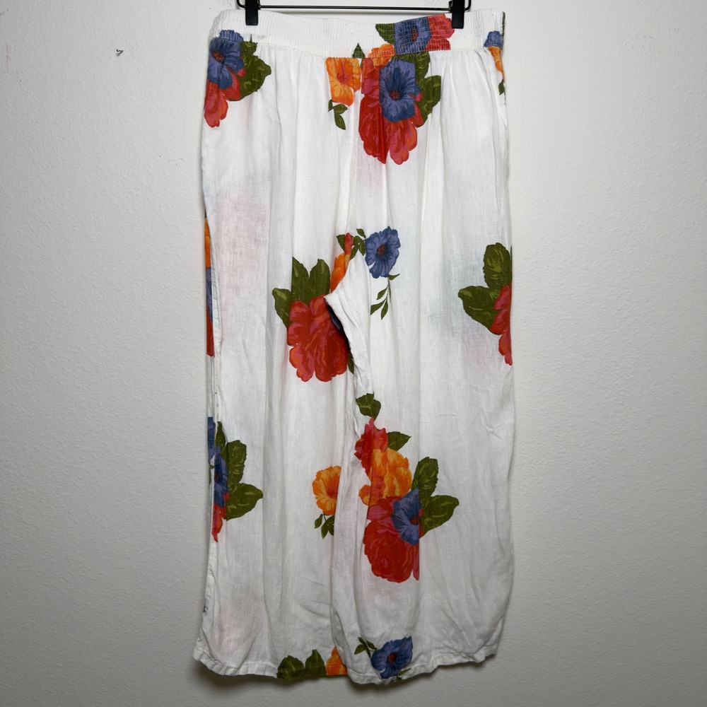 Joie Women 100% Linen Floral Wide Leg Culotte Pants Medium White Coastal Lagen - Picture 5 of 7